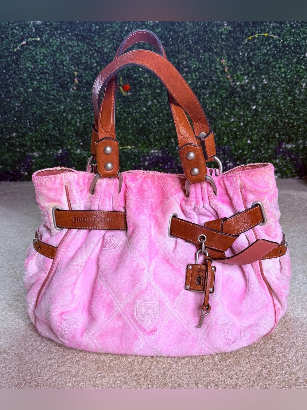Juicy Couture Pink Shoulder Tote with Brown Leather Trim - Picture 2 of 16